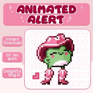 Könnte beinhalten: Animiertes GIF eines grünen Frosches, der einen rosafarbenen Cowboyhut und Stiefel trägt. Der Frosch lächelt und hat rosafarbene Wangen. Der Hintergrund ist rosa mit dem Text "ANIMATED ALERT" und "DELIGHTFUL FROG" wiederholt.