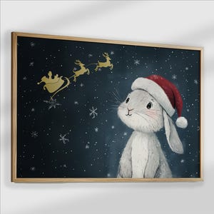 Coelhinho de Natal vê Papai Noel e renas para impressão de arte de parede, pôster de férias de inverno com neve na floresta, decoração de Natal fofa, impressão para download instantâneo