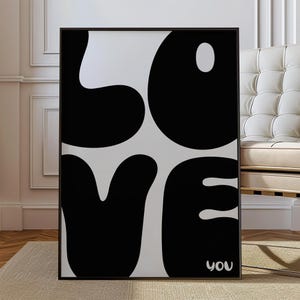 Love You Retro Poster Print, Preppy Groovy Ästhetische Schwarz Weiß Typografie Wandkunst, Valentinstag oder Hochzeitsgeschenk, Wohnheim Wohnung Dekor