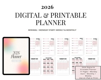 2026 Digital Planner Printable | Monday Start Weekly & Monthly Planner | Minimal iPad Planner PDF