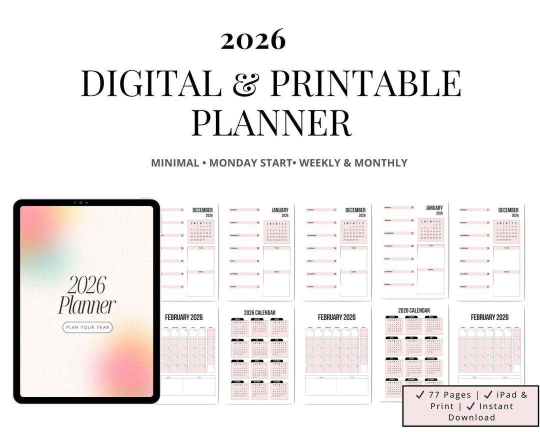 2026 Digital Planner Printable | Monday Start Weekly & Monthly Planner ...