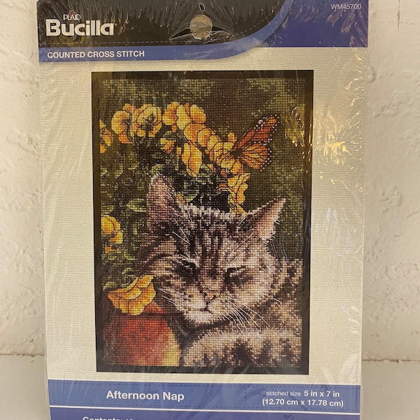 Bucilla Cross Stitch Kit - Afternoon Nap Tabby Car 5”-7”