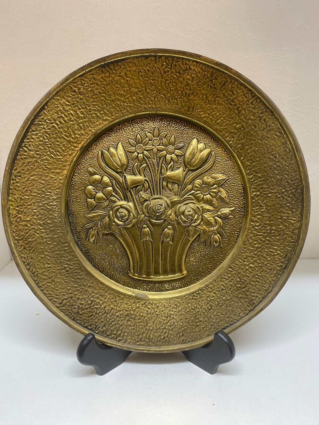 Vintage Brass Wall Plate With Flower Basket Etsy