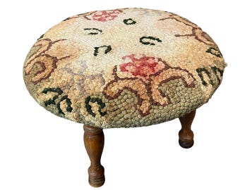 Vintage Hooked Rug Footstool - Round - Earthtones