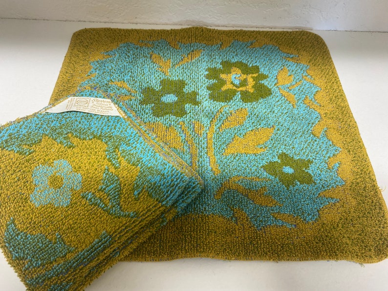 Stevens Fabrics 1960s Wash Cloths Set Gold Green Blue Floral image 1