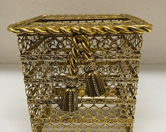 Hollywood Regency Ornate Gold Tone Tassel Tissue Box Holder