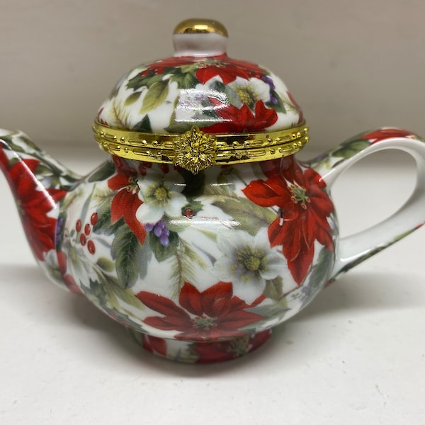 Miniature Poinsettia Teapot Trinket Box Formalities by Baum Bros