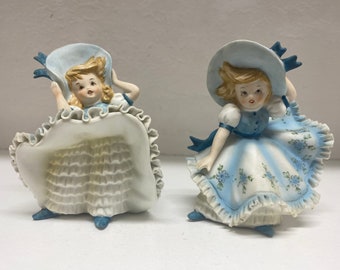 Lefton Dancing Girls in Blue Ruffled Dresses Figurine Set