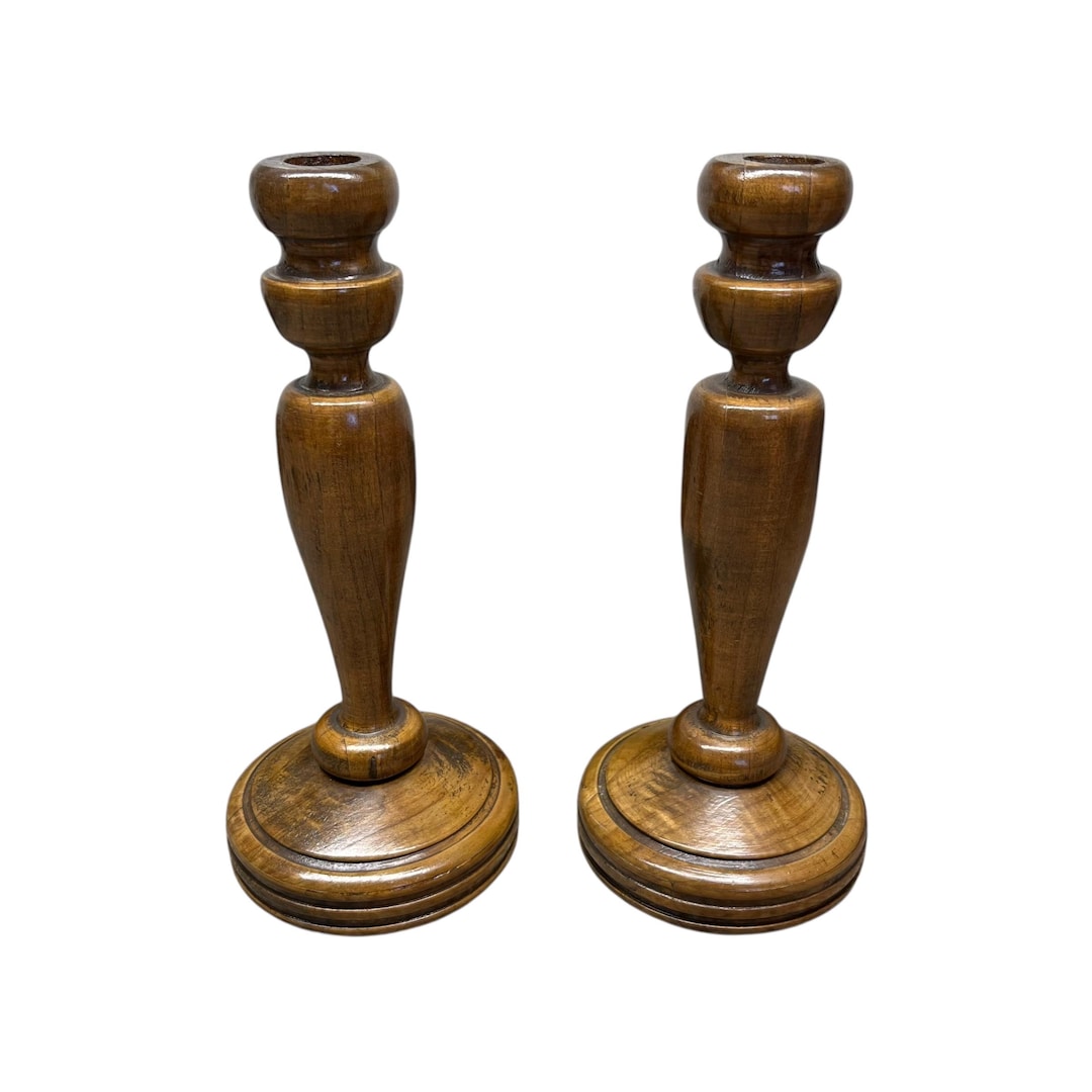 Vintage Turned Wood Candlestick Holders - Etsy