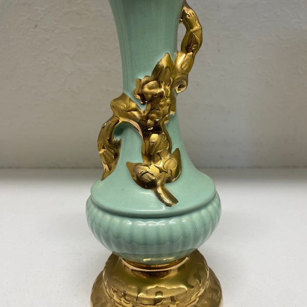 Vintage 24K Gold Made in USA Vase 98 Seafoam Blue/Green Unbranded With Ribbed Pedestal Base and Leaf Design
