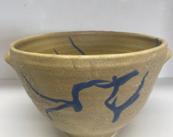 Vintage Yellow/Tan Handmade Pottery Bowl With Sand Texture/Blue Design