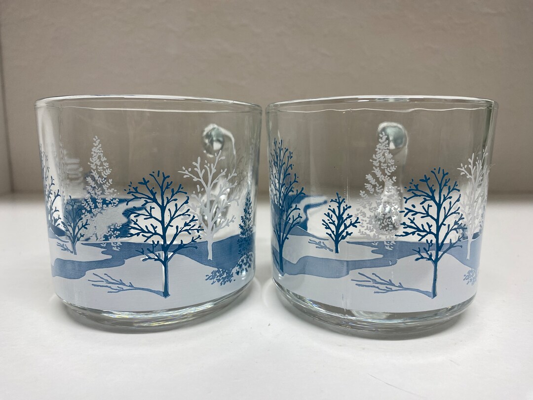 Set of Two Vintage Anchor Hocking Glass Mugs With Winter Scene Etsy