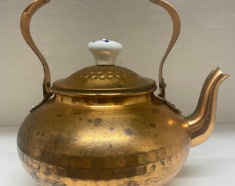 Vintage Hammered Copper Tea Kettle With Decorative Porcelain Handle