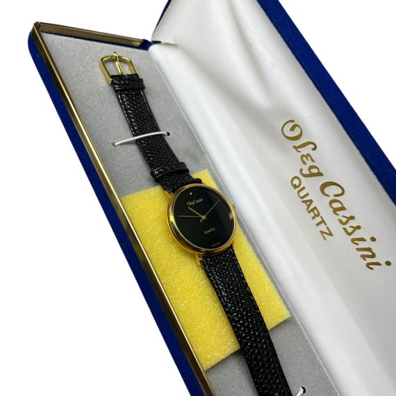 Vintage Oleg Cassini Quartz Watch - Black Leather/diamond - Etsy display picture 1
