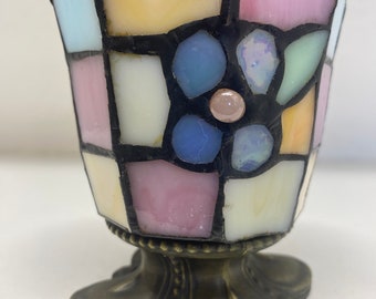 Vintage Partylite Stained Glass Floral Tea Light Holder With Brass Pedestal Base