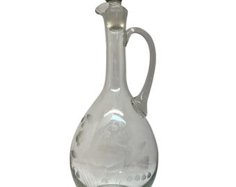 Vintage Glass Decanter With Stopper - Floral Etching