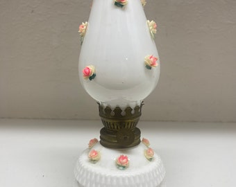 Vintage Milk Glass Oil Lamp With Flowers