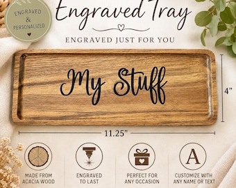Personalized Engraved Acacia Wood Tray: 11.25 x 4" Catch-All, Charcuterie Plate