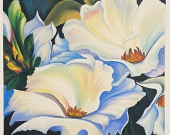 Handgeschilderd drieluik met witte bloemen, groot bloemenolieverfschilderij
