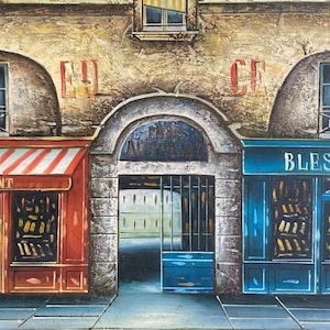 Charming Parisian Street Scene Oil Painting, French Café and Bakery Wall Art, Hand-Painted Rustic European Cityscape, Unique Vintage Decor