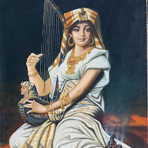 Egyptian Woman with Harp Oil Painting, Original Artwork, Female Portrait - Vintage Wall Art, Living room decor, home decor wall art
