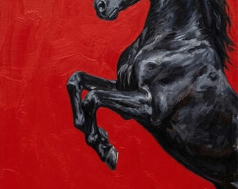 Hermès Orange Dressage Horse Oil Painting, Black Stallion Canvas