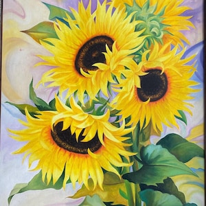Bright Sunflower Oil Painting, flowers painting, botanical wall art, colorful wall art, Living room decor, home decor wall art
