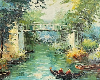 Dipinto impressionista di paesaggio fluviale, ponte e barche, tela dipinta a mano