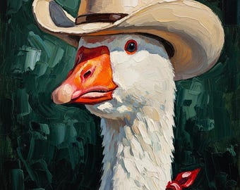 Cowboy Goose Oil Painting, Funny Western Farmhouse Art