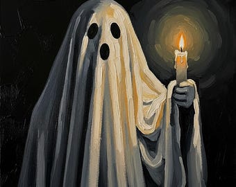 Ghost with Candle Oil Painting, Dark Academia Halloween Wall Art