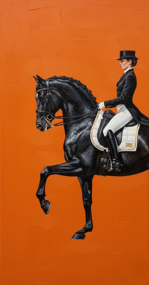 エルメスのオレンジ色の馬場馬術の油絵、黒い種馬のキャンバスアート