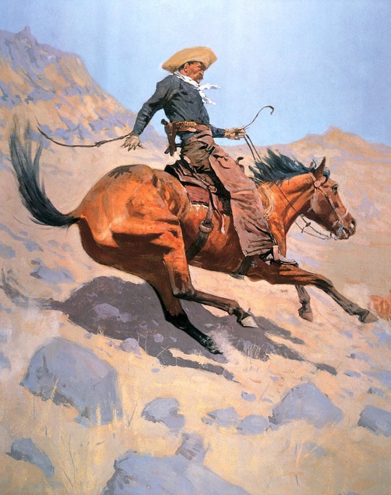 カウボーイ　ロデオ　フレデリックレミントン　The COWBOY ブロンズ像風 Frederic Remington's the Cowboy, Vintage Western Oil Painting