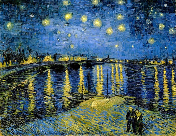 ゴッホ作「ローヌ川の星月夜」手描き油絵複製画、額入り壁掛けアート