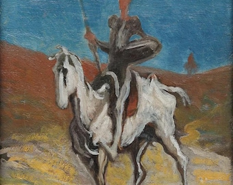 May include: An oil painting depicts a figure on horseback, holding a spear, set against a landscape. The horse is white and gray, the rider is dark, and the background features a blue sky and earth-toned hills. The artwork has a vintage aesthetic.