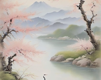 Japanese Cherry Blossom Painting, Crane, Serene Sakura Asian Wall Art