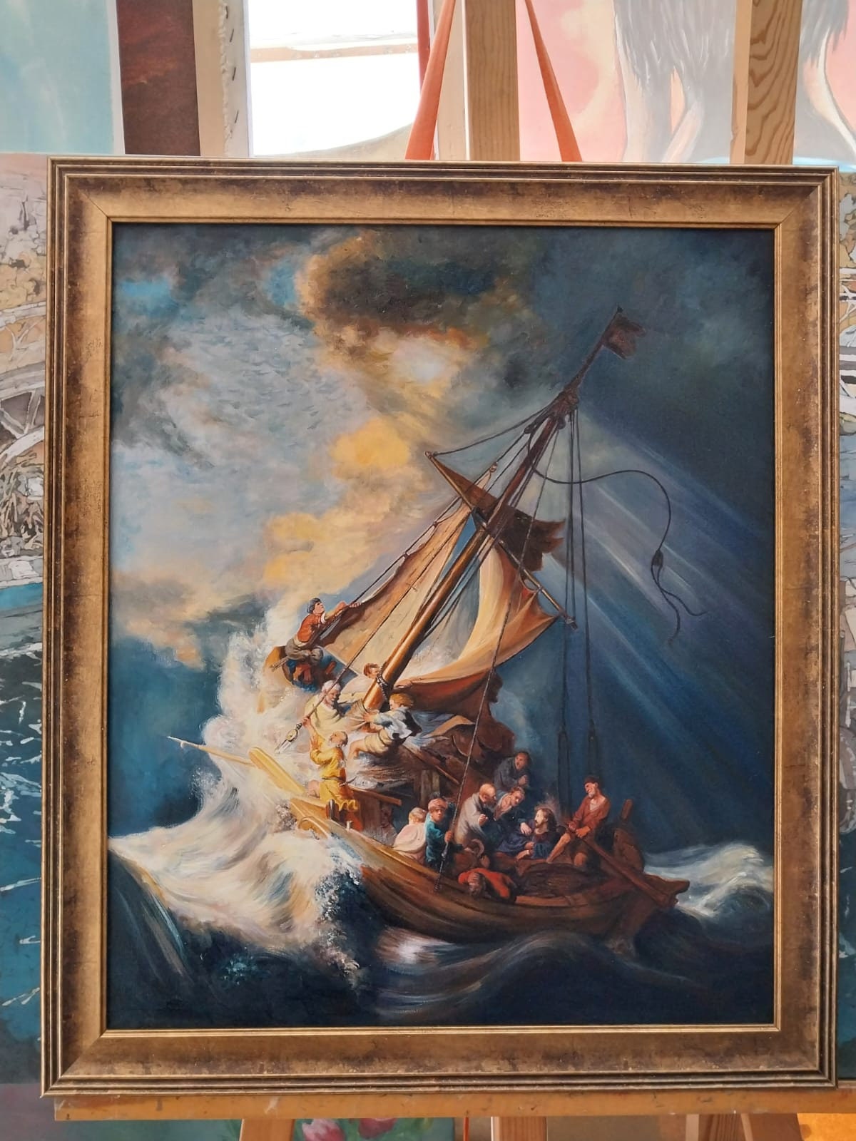 真作】絵画 乙丸哲延 油彩4号 漁舟（オンフルール） 港の青い船 絵画