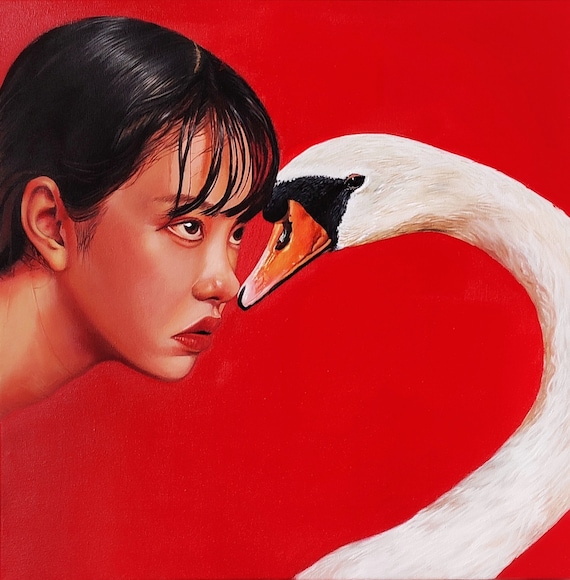 白鳥と女性の油絵：優雅な出会い、赤い壁画 - Etsy 日本
