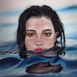 Anxiety 2, Woman Figurative painting, Swimming Woman Painting, Framed Painting, home decor wall art, Living room decor, home decor