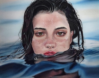 水着姿の美しい女性の油絵風キャンバスプリント、美しい壁アート