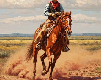 Western Cowboy Ölgemälde auf Leinwand, rustikale Reiterkunst