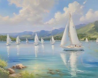 Sailboat Oil Painting, Calm Lake Seascape, Nautical Wall Art