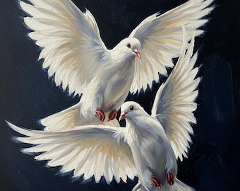 Origineel duif-olieverfschilderij op canvas, kunstwerk vredes- en dwergpapegaaien