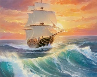 大きな船の絵画 オリジナルの海の油絵 セーリングアート 帆船の装飾