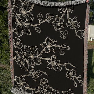 Cherry Blossom Blanket, Black and White, Japanese flower, Floral Blanket, Flower Tapestry