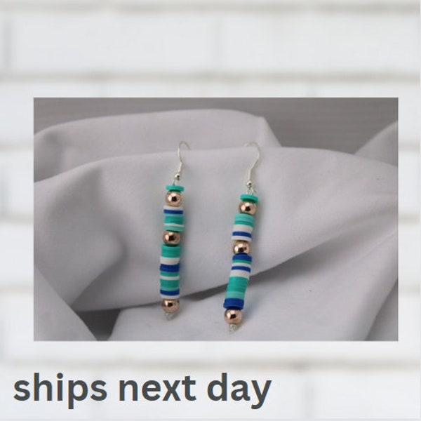 Clay bead dangle earrings, Ocean earrings, Dangle earrings, Clay bead jewelry, Gifts for Mom, Handmade Jewelry, Blue earrings