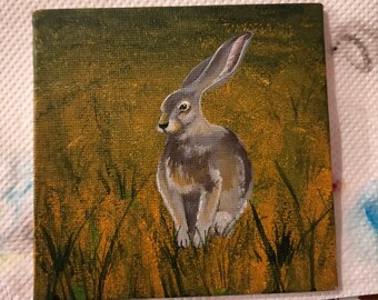 Wild Hare Painting, Australian Art (4"x4")