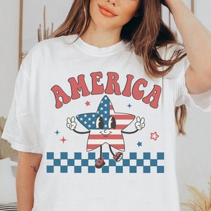 Retro America Comfort Colors Shirt, USA Shirt, America 4th of July Shirt, Fourth of July Smiley Tee, Red White and Blue, America Tee