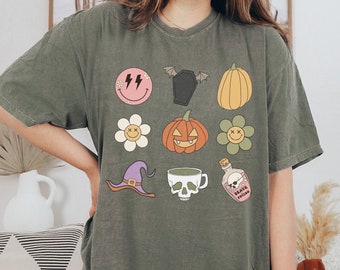 Halloween Doodles Shirt, Retro Halloween T-Shirt, Retro Halloween Tee, Holiday Tee, Witch T-Shirt, Comfort Colors Halloween Doodles Tee