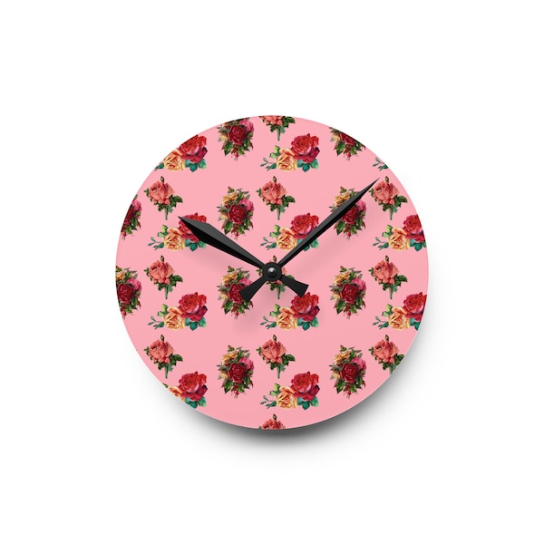 Elegant Red Pink Rose Flowers Boho Chic Acrylic Round and Square Wall Decor Clock Light Pink Background