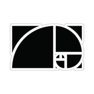 May include: A black and white sticker featuring the Fibonacci sequence spiral design. The design is composed of black shapes and curves with a white border, creating a geometric and mathematical aesthetic.